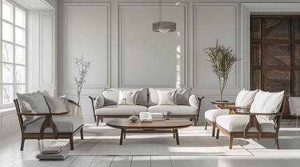 A living room with a white couch, a coffee table, and a potted plant