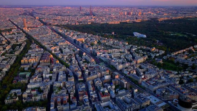 Paris aerial view of bridges, Seine river, Pont des Arts and Eiffel tower. Historic Parisian city center