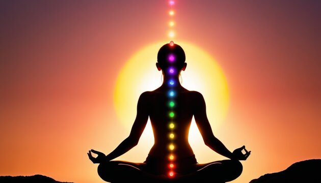 Silhouette of a person meditating in a yoga pose with aligned chakras at sunset. This serene image evokes tranquility, spiritual alignment, and inner peace, perfect for wellness themes.. AI Generation