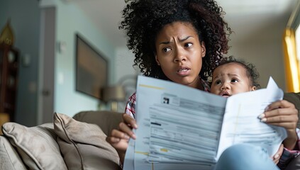 Worried Mom with Baby Looking at Utility Bill