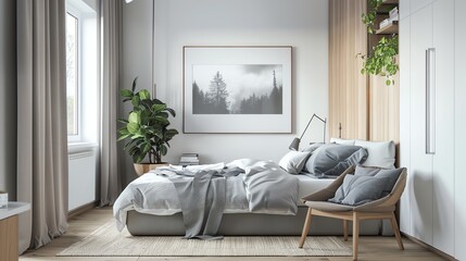 Scandinavian second bedroom with sleek furniture, white walls, wooden accents, and simple decor