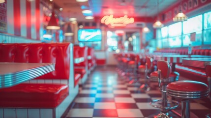 Naklejka premium Classic American 1950s-style diner showcasing red booths, checkerboard floor, and neon lights during daytime, evoking nostalgic vibes.
