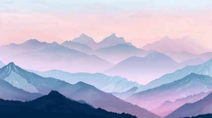 Panoramic illustration of tranquil mountains under a pastel sunrise sky
