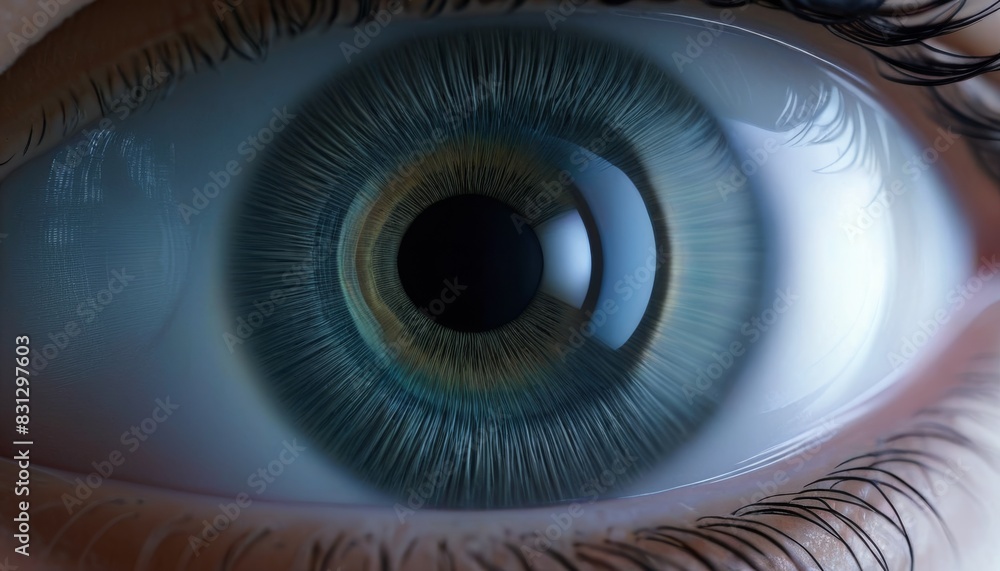 Poster a close-up shot of a human eye, highlighting the intricate details of the iris and reflecting a sens