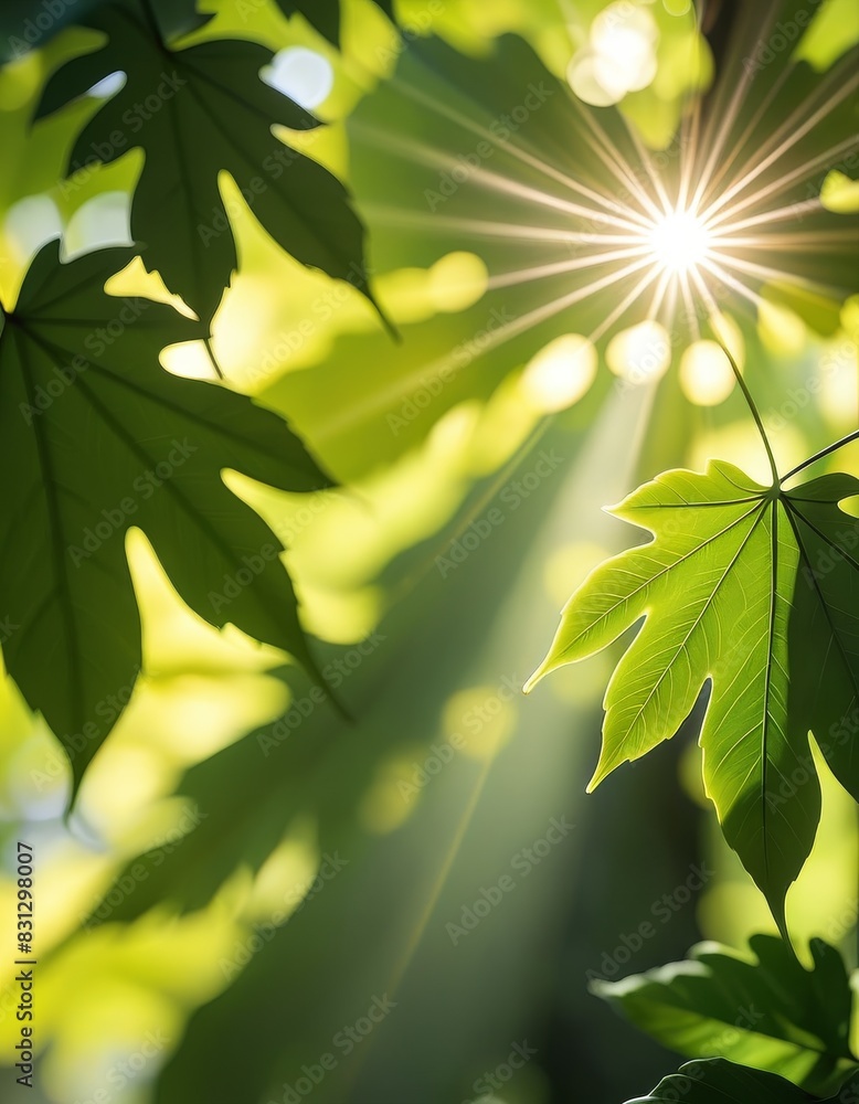 Poster sunlight beams filter through lush green leaves, creating a serene and refreshing forest scene. idea
