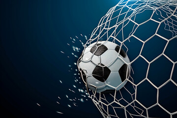 Naklejka premium Realistic soccer ball hitting the net on blue background