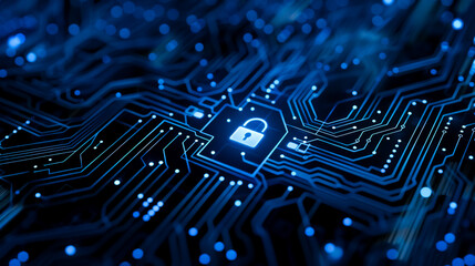 lock symbol on circuit board background with digital data stream and security concept banner, glowing light effect. cyber technology protection or binary code business abstract concept.