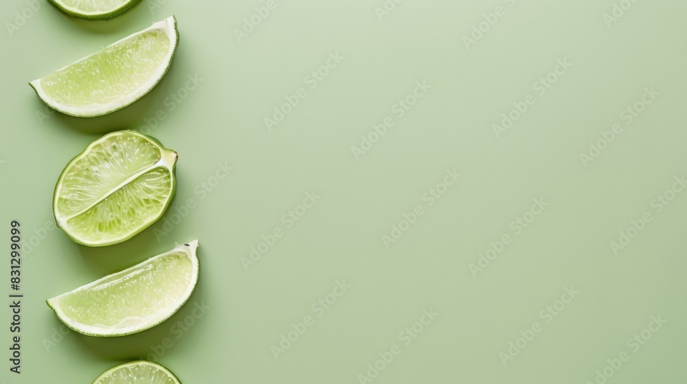 Poster sliced limes arranged vertically on a light green background. fresh citrus fruit display emphasizing