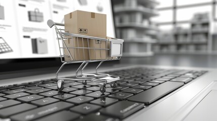 Cardboard boxes in small shopping cart trolley standing on laptop computer keyboard. online shopping concepts