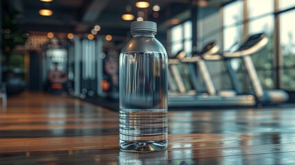 A 3D model of a reusable water bottle with a modern design, placed in a gym setting with workout equipment and athletes in the background. The scene should emphasize health and fitness.