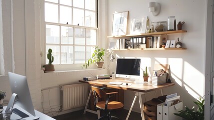 Scandinavian home office with ergonomic furniture, white walls, wooden accents, and natural light