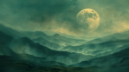 Surreal moon over misty mountains in a dreamlike green-toned landscape