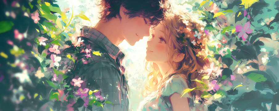 Portrait of a beautiful couple in love man and woman  on a date. A boyfriend and girlfriend in the park on a date. Happy lovers look at each other.  Ai generative.