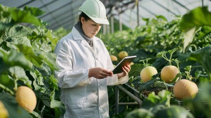 Agricultural scientist inspecting melons in a greenhouse, using a tablet for data collection.