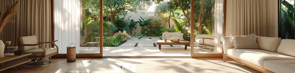 Fototapeta premium chic airy living room with large sliding doors that open to a serene garden