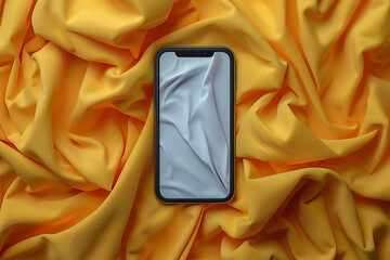 Black smart phone on the yellow fabric background with cool reflections in studio