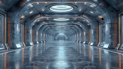 An industrial futuristic ultra violet cement grunge concrete rendering of a dark underground parking garage hangar warehouse showroom studio for a spaceship
