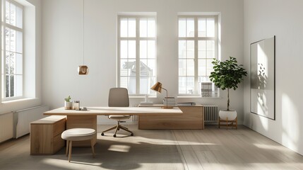 Scandinavian office with minimalist furniture, natural light, wooden desk, and simple decor