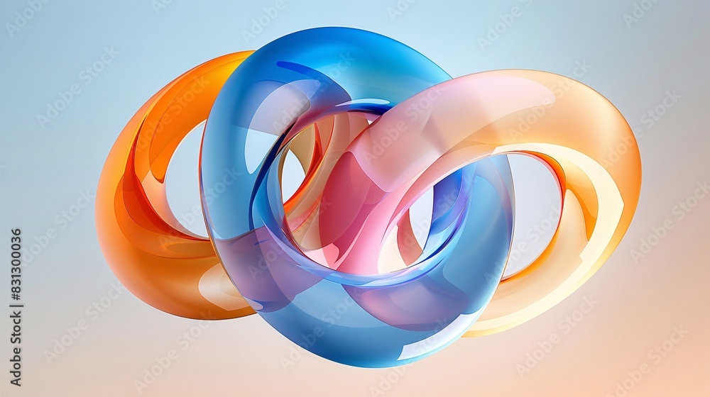 Fototapete three circles in blue, orange and pink with a light gradient color background. colorful interlocking