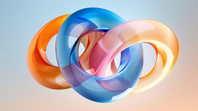 Three circles in blue, orange and pink with a light gradient color background. Colorful interlocking 3d rings.