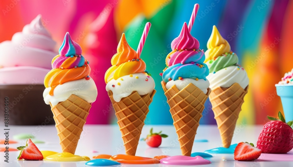 Poster five rainbow-colored ice cream cones topped with sprinkles, placed in a row against a vivid, multico