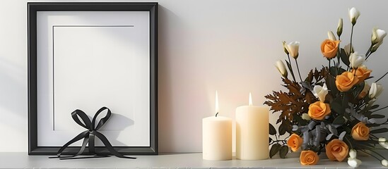  - A simple and elegant still life scene featuring a photo frame, candle, and wreath., Ideal for use in projects related to remembrance, sympathy, or home decor.