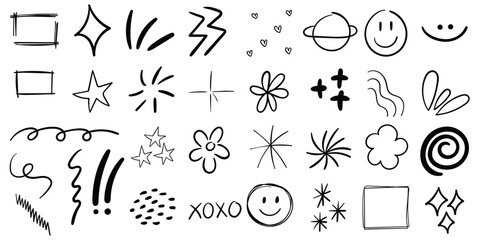 Set of Handdrawn doodle scribble, Handdrawn square sparkle star smile  flower line Doodle, Clipart Elements