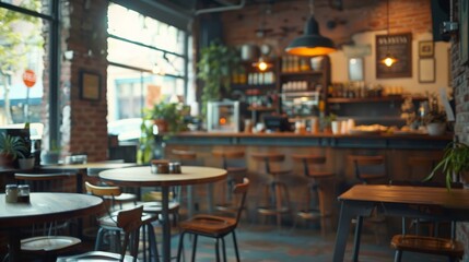 Obraz premium A warm and inviting urban cafe with rustic decor, wooden tables and chairs, and large windows letting in natural light.