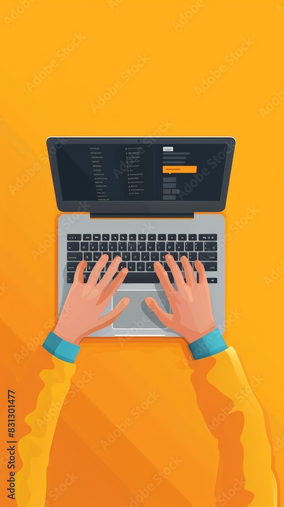 Poster hands typing on a laptop with a yellow background viewed from above. represents digital work, techno