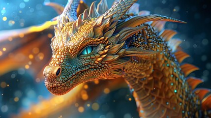3d render of fantasy dragon, with golden scales and emerald eyes, in front view, background dark blue with magical sparks