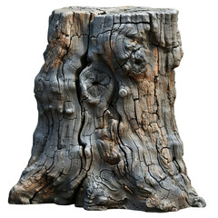 A weathered, gnarled tree stump with deep cracks and a hole. The stump is a dark gray color, with hints of brown and orange. The texture is rough and textured. isolated on White background.
