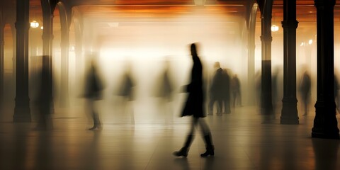 Figures in Urban Setting: A Blurry Perspective. Concept Urban Landscape, Motion Blur, Cityscape Photography, Artistic Street Scenes