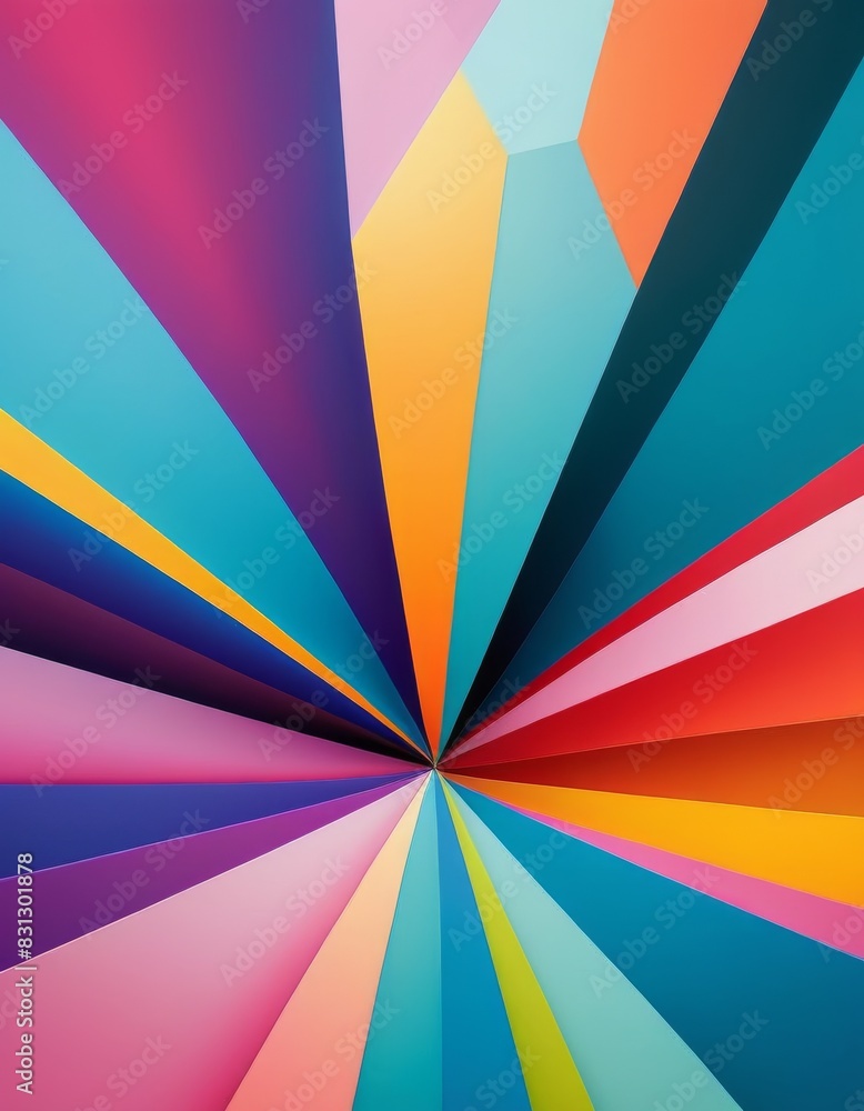 Poster a striking abstract image featuring a radial explosion of geometric shapes in a spectrum of bright, 
