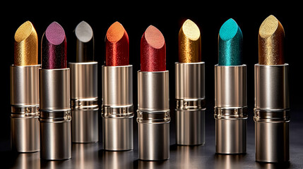 A row of lipsticks with glittery colors.