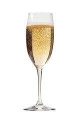 A champagne glass is filled with sparkling wine. The glass is tall and slender, with a clear stem. The wine inside is bubbly and effervescent isolated transparent background