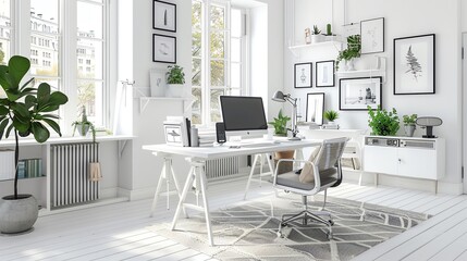 Scandinavian working room with white walls, sleek furniture, cozy textiles, and natural light