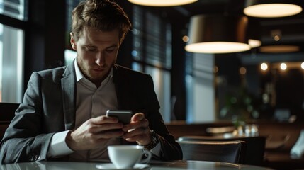 Man in a stylish suit enjoying a cup of coffee while checking his smartphone in a modern office.
