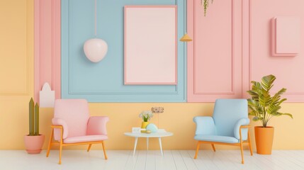 Colorful modern living room with pink and blue chairs and pastel decor