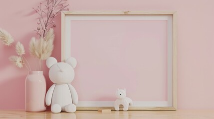 Empty pink frame with vase and teddy bear on a pink background.