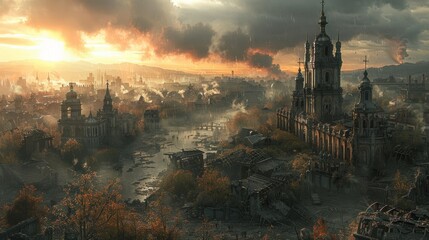 Smoke covers the ruins of a large city building abandoned during the civil war, concept of war.