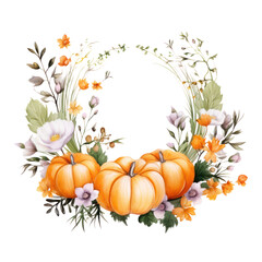 A watercolor painting of a wreath of pumpkins