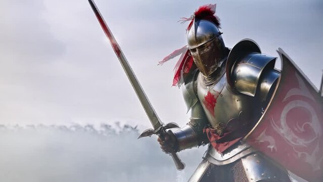 Knight in Armor and Sword on the Battlefield 4K Loop features an A.I. Generated video of a knight in shining armor holding a bloody sword with a battle raging in the background in a loop.
