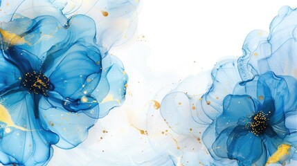 Blue and gold abstract floral ink painting on white background.