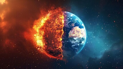 Obraz premium Earth split into two sections, glowing magma core, stars and nebulae background, surreal cosmic scene, planetary crosssection, stock photo