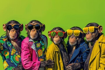 Four funny chimpanzees in colorful jackets and sunglasses are posing on a green background.