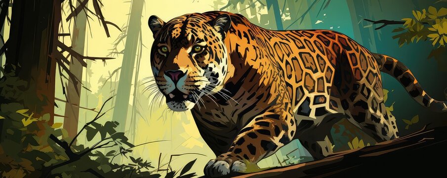 Jaguar in dense forest, flat design, side view, tropical theme, 3D render, Tetradic color scheme