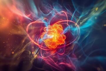 Visualization of an atom with electron cloud, vibrant colors, nucleus in the center, energy levels, scientific concept, microscopic world, stock photo