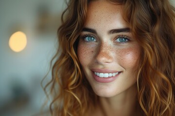Fototapeta premium Radiant Young Woman with Freckles and Curly Hair Smiling