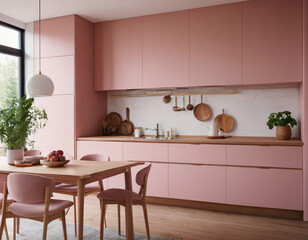 Pink kitchen cabinets and wooden shelf Scandinavian modern interior design of kitchen with island, dining table and chairs