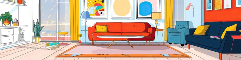 chic minimalist living room with a pop art theme